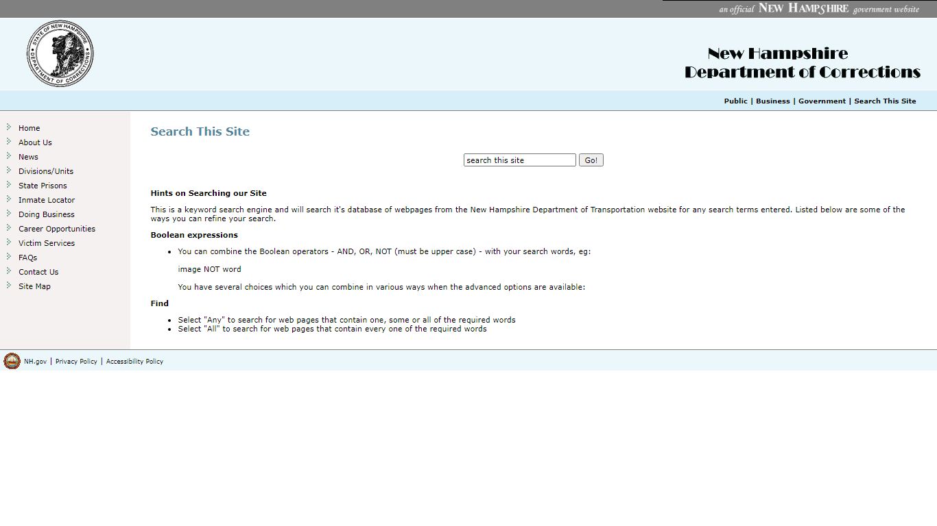Search this Site, New Hampshire Department of Corrections